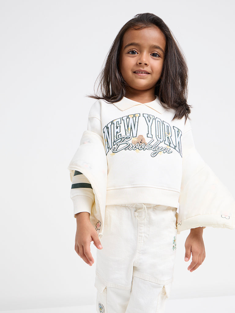 HOP Kids Off-White Text Embroidered Cotton-Blend Sweatshirt