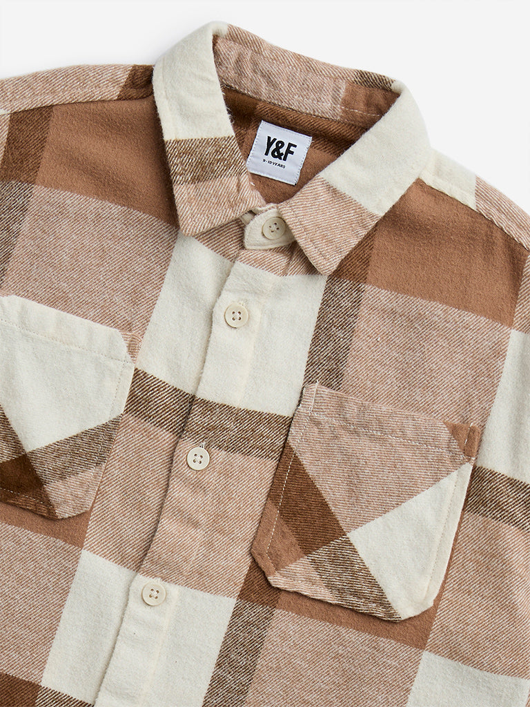 Y&F Kids Brown Checks Printed Cotton Shirt