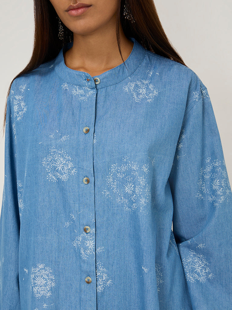 Utsa Blue Floral Printed Denim Tunic