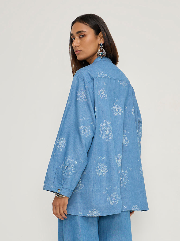 Utsa Blue Floral Printed Denim Tunic