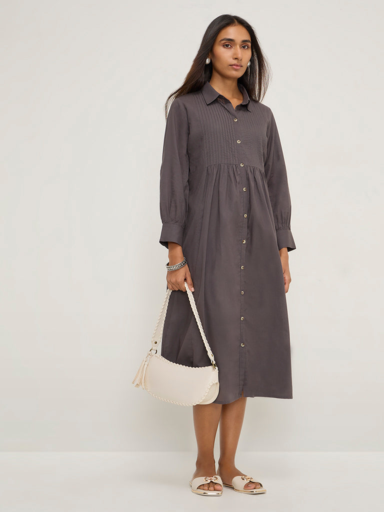 Utsa Charcoal Pintuck Design Cotton Shirt Dress