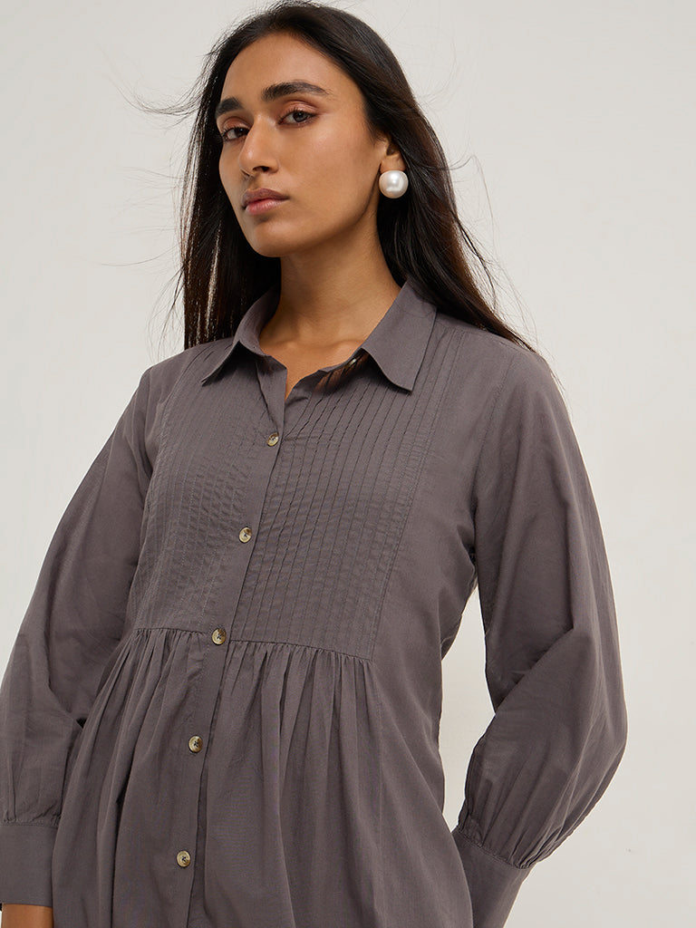 Utsa Charcoal Pintuck Design Cotton Shirt Dress