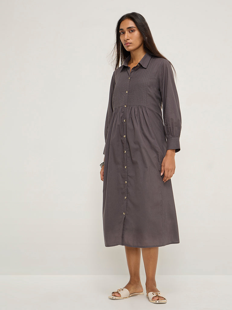 Utsa Charcoal Pintuck Design Cotton Shirt Dress