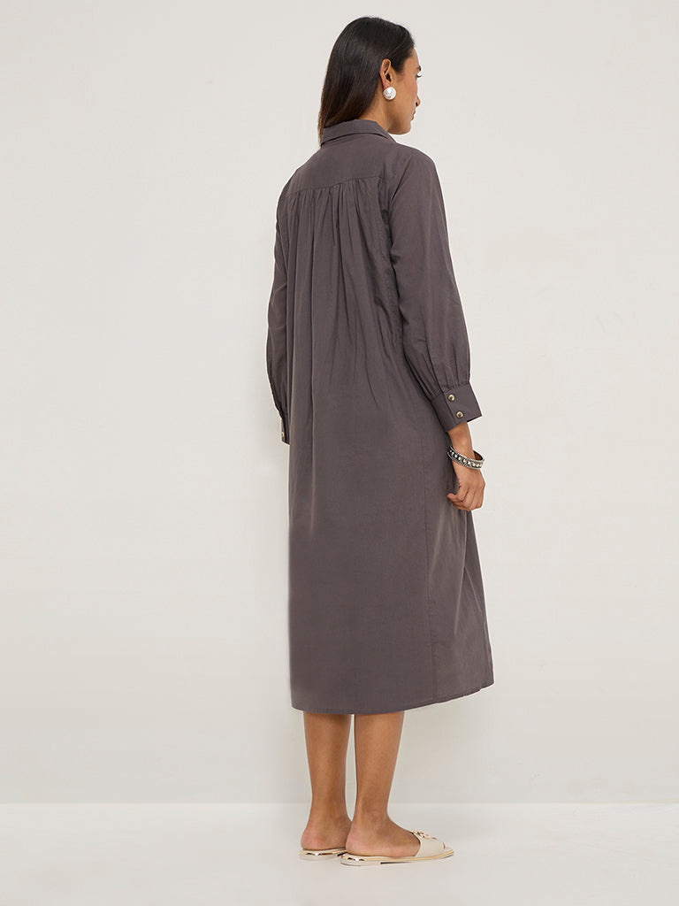 Utsa Charcoal Pintuck Design Cotton Shirt Dress