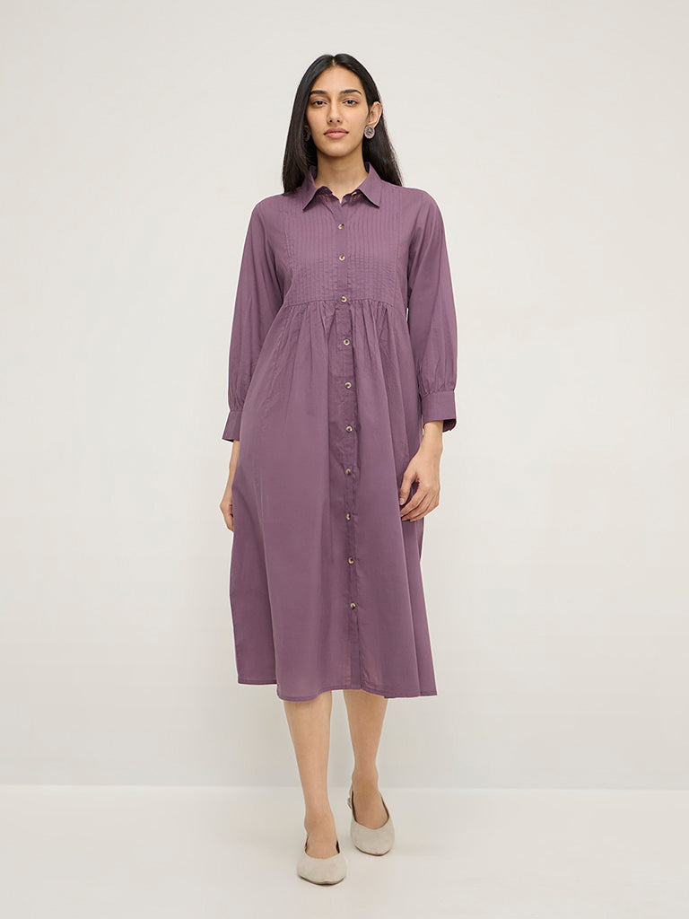 Utsa Purple Pintuck Design Cotton Shirt Dress