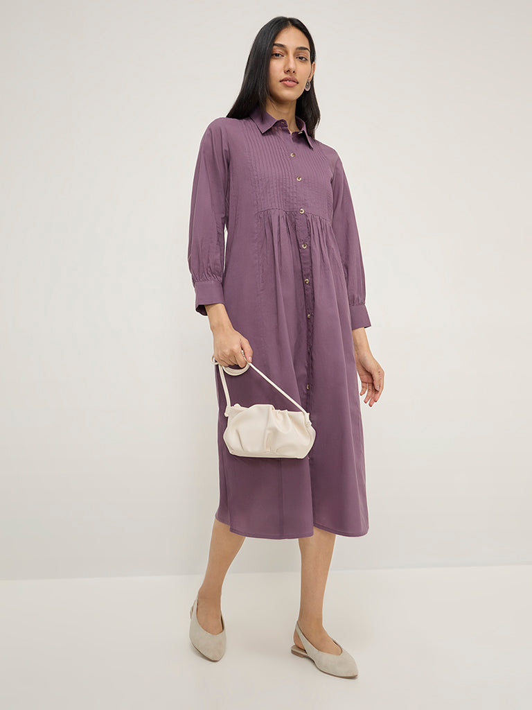 Utsa Purple Pintuck Design Cotton Shirt Dress