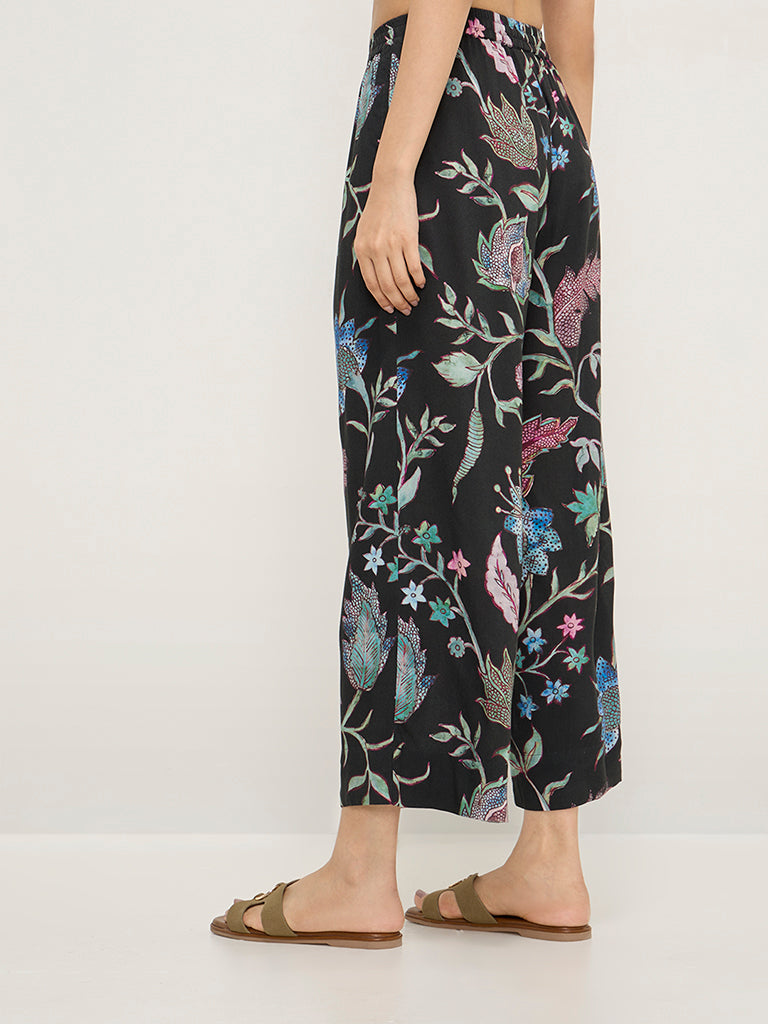 Utsa Black Botanical Design High-Rise Ethnic Pants