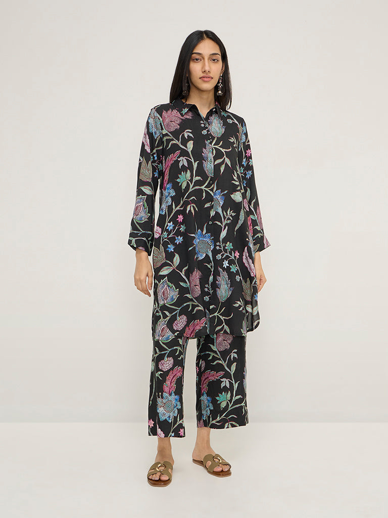 Utsa Black Botanical Design High-Rise Ethnic Pants