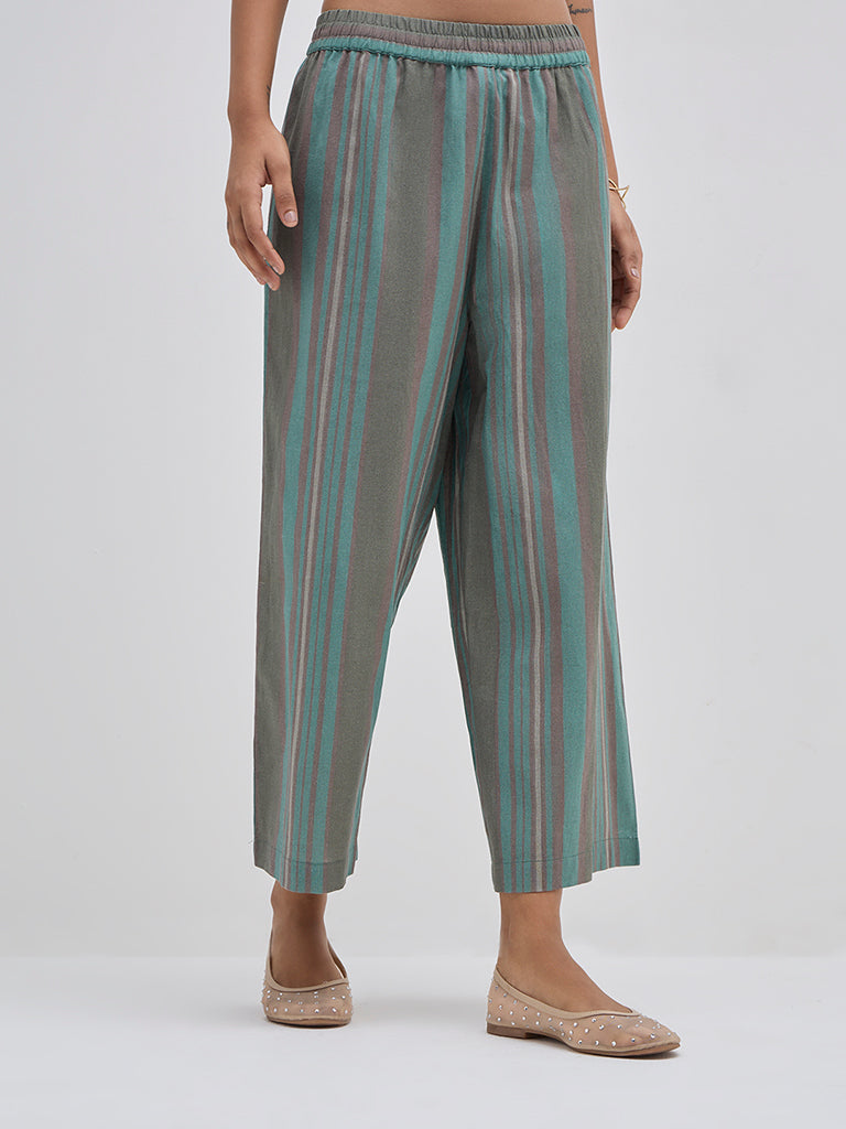 Utsa Teal Striped High-Rise Cotton Ethnic Pants