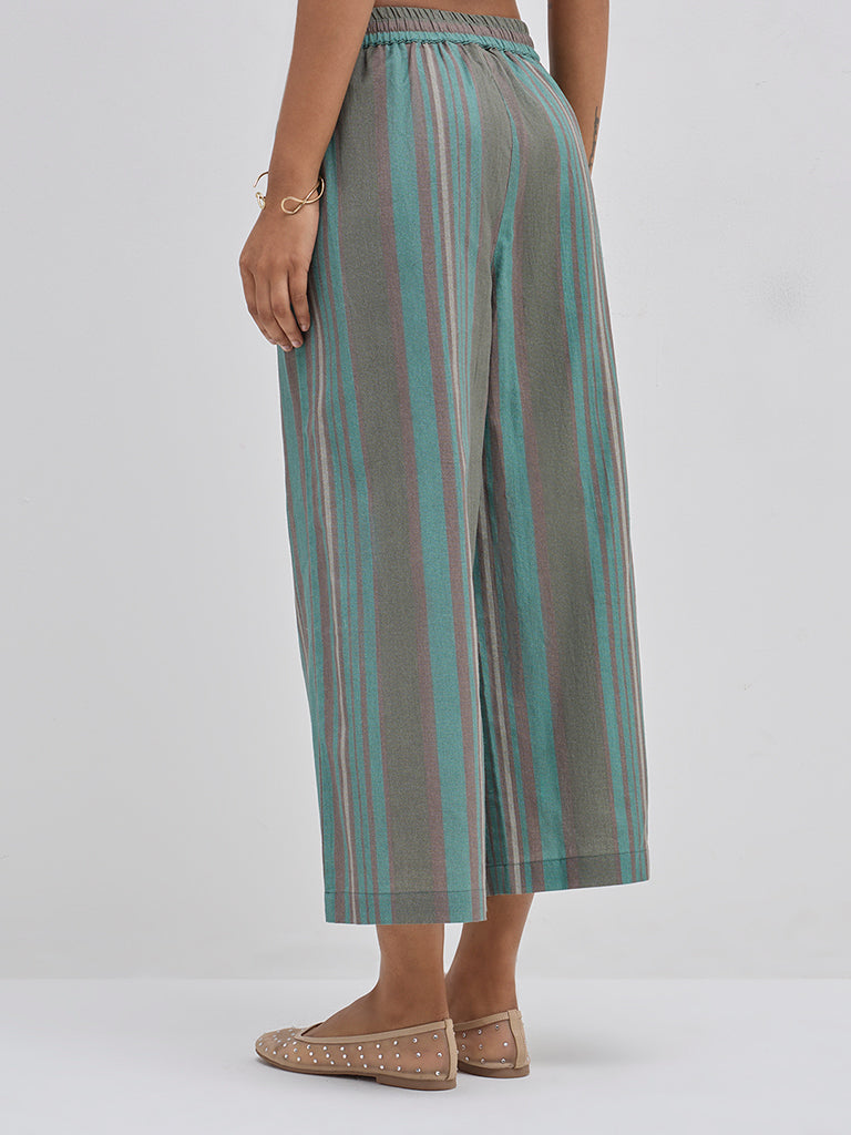 Utsa Teal Striped High-Rise Cotton Ethnic Pants