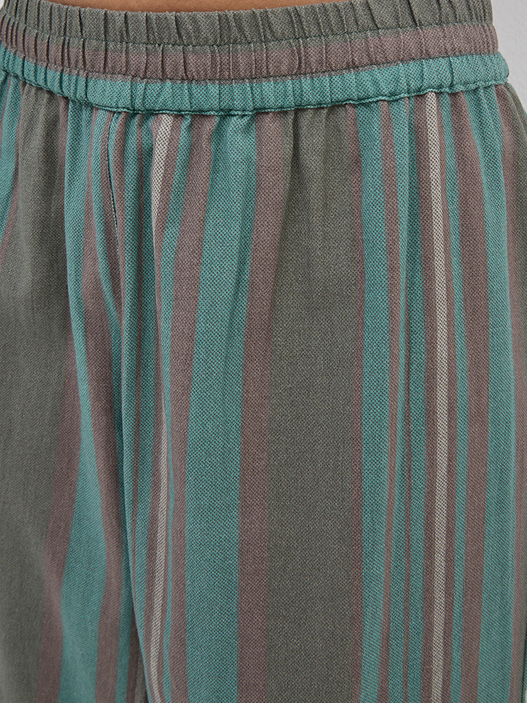 Utsa Teal Striped High-Rise Cotton Ethnic Pants