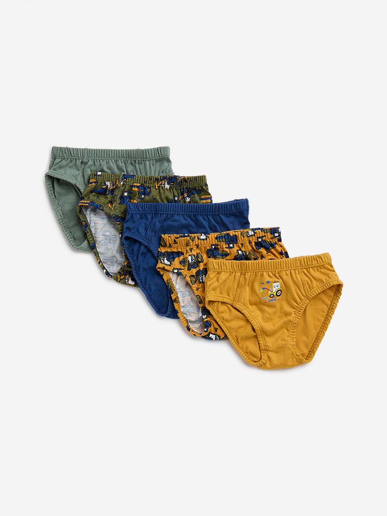 HOP Kids Green Printed Cotton Blend Briefs - Pack of 5