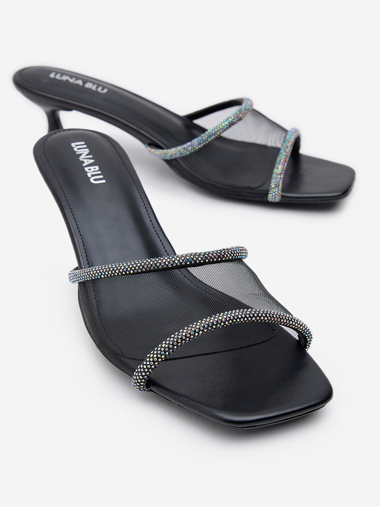 LUNA BLU Black Diamante Embellished Heel Sandals