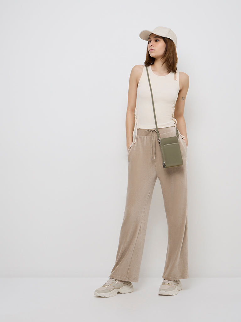 Studiofit Beige Ribbed Textured High-Rise Track Pants