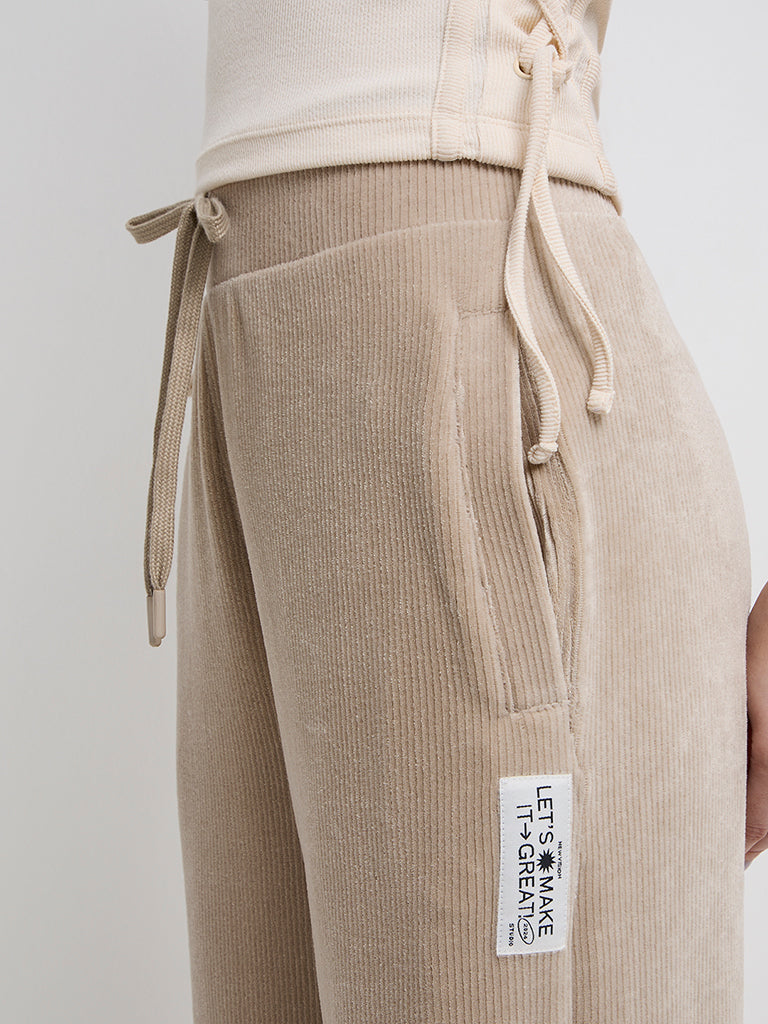 Studiofit Beige Ribbed Textured High-Rise Track Pants