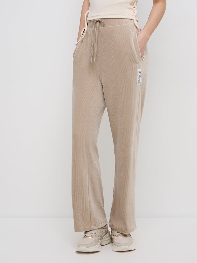 Studiofit Beige Ribbed Textured High-Rise Track Pants