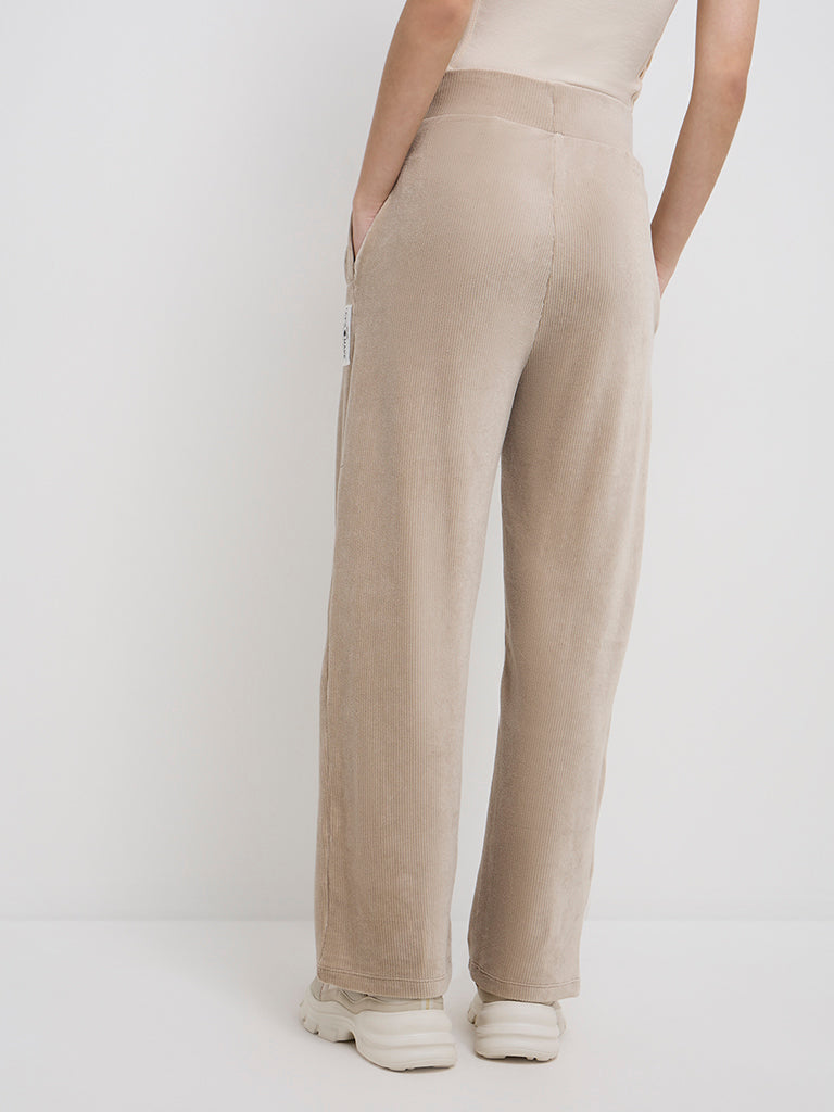 Studiofit Beige Ribbed Textured High-Rise Track Pants