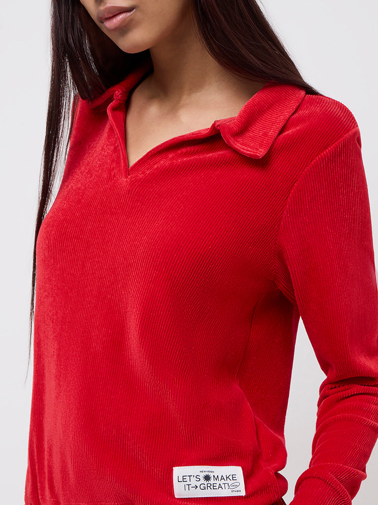 Studiofit Red Ribbed Textured T-Shirt