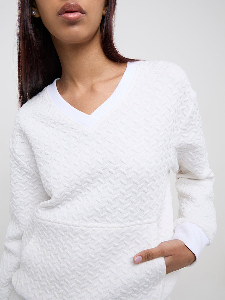 Studiofit White Self-Textured Cotton Sweatshirt