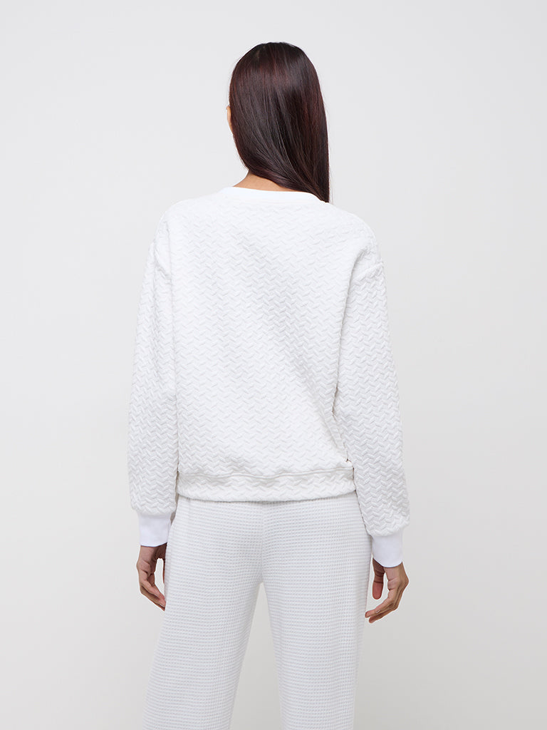 Studiofit White Self-Textured Cotton Sweatshirt