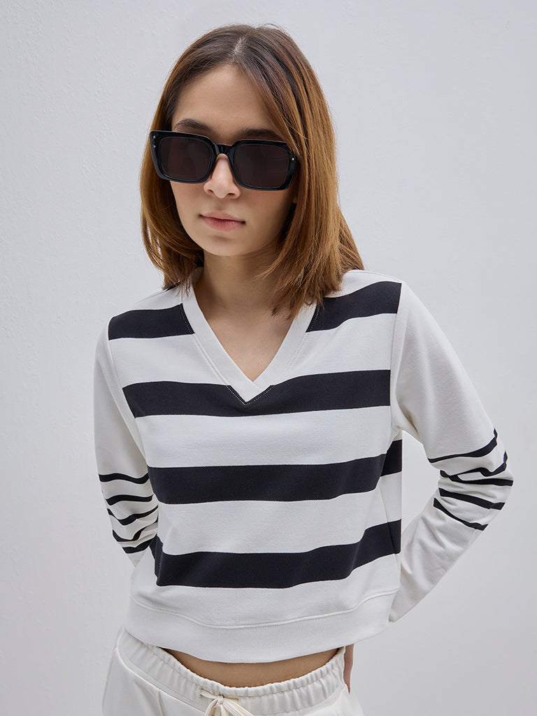 Studiofit Black Striped Cotton Blend T-Shirt