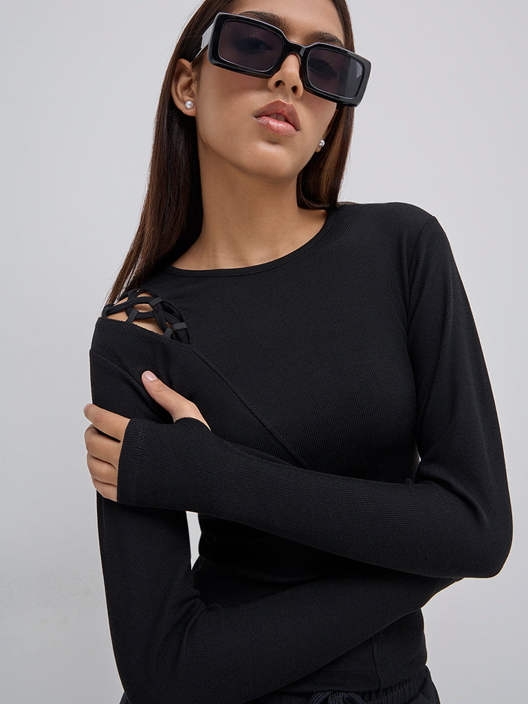 Studiofit Black Ribbed Textured T-Shirt