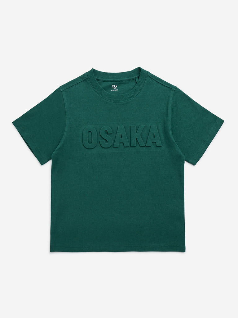 Y&F Kids Dark Green Text Embossed Cotton T-Shirt