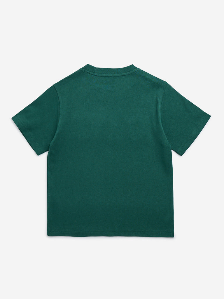 Y&F Kids Dark Green Text Embossed Cotton T-Shirt