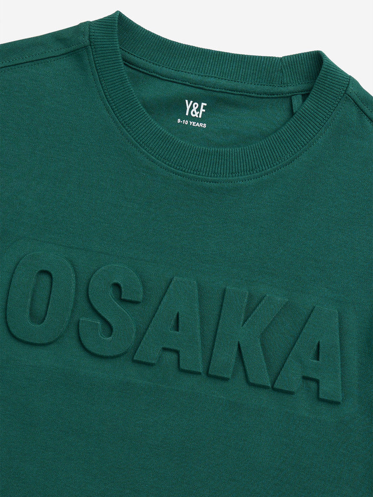 Y&F Kids Dark Green Text Embossed Cotton T-Shirt