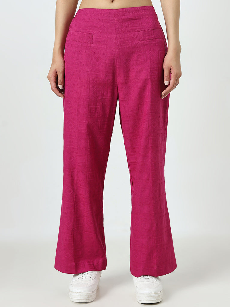 Bombay Paisley Dark Pink Self High-Rise Cotton Pants