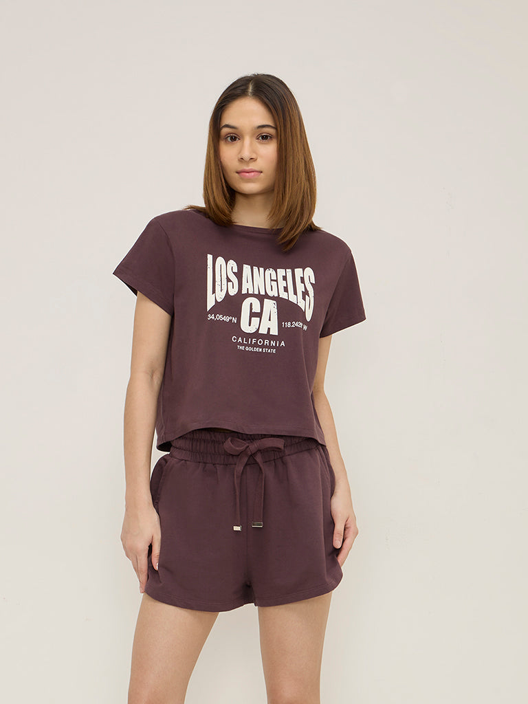 Superstar Plum Text Printed Cotton T-Shirt