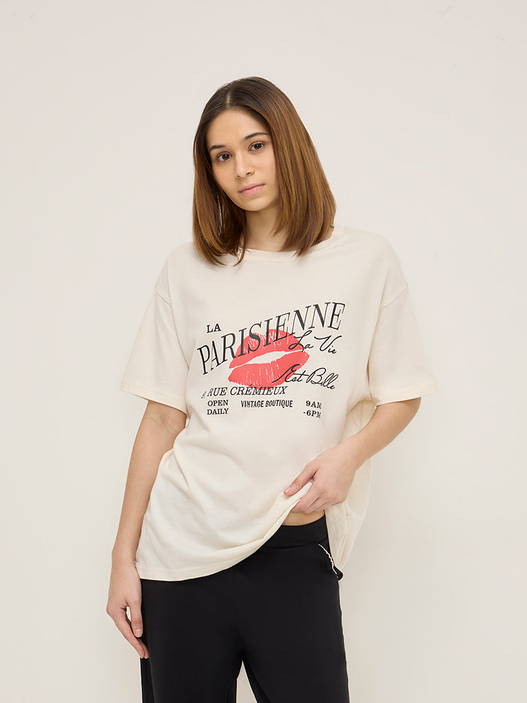 Superstar Cream Text Design Oversized Cotton T-Shirt