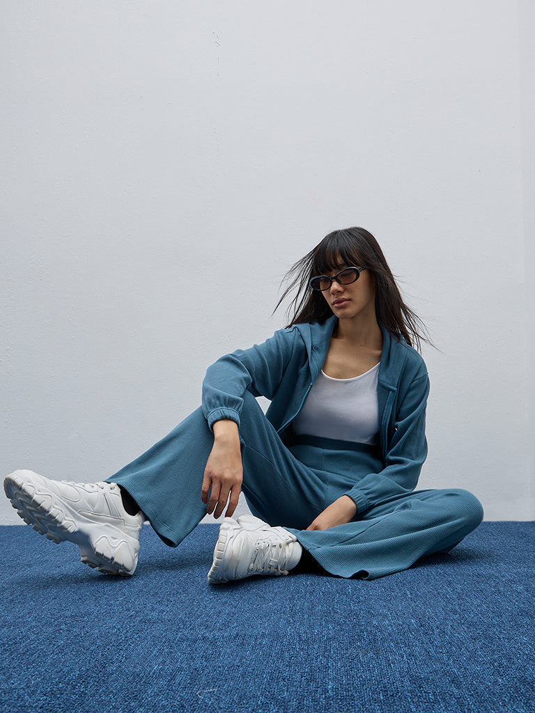 Studiofit Teal Waffle-Textured High-Rise Cotton Track Pants