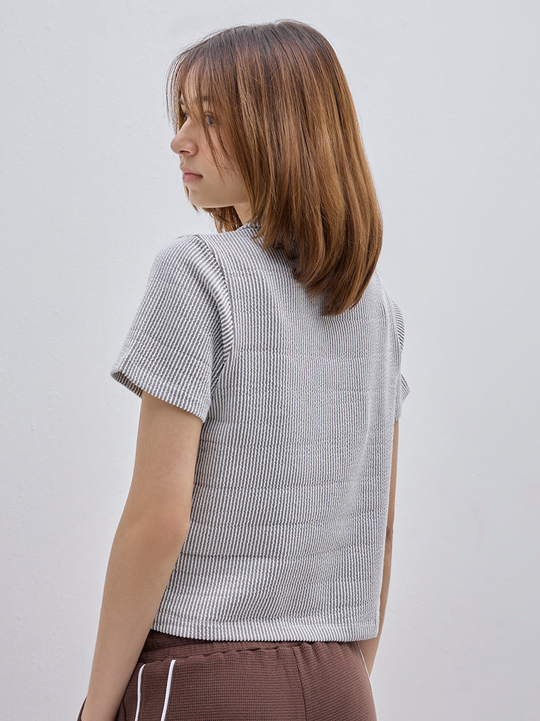 Studiofit Brown Striped and Textured T-Shirt