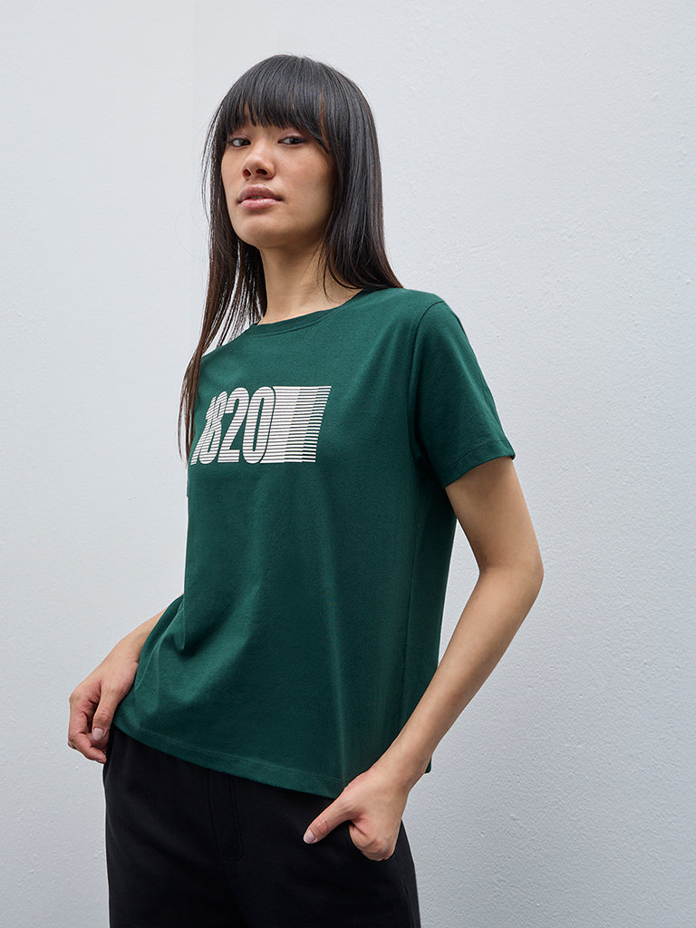 Studiofit Dark Green Printed Cotton T-Shirt