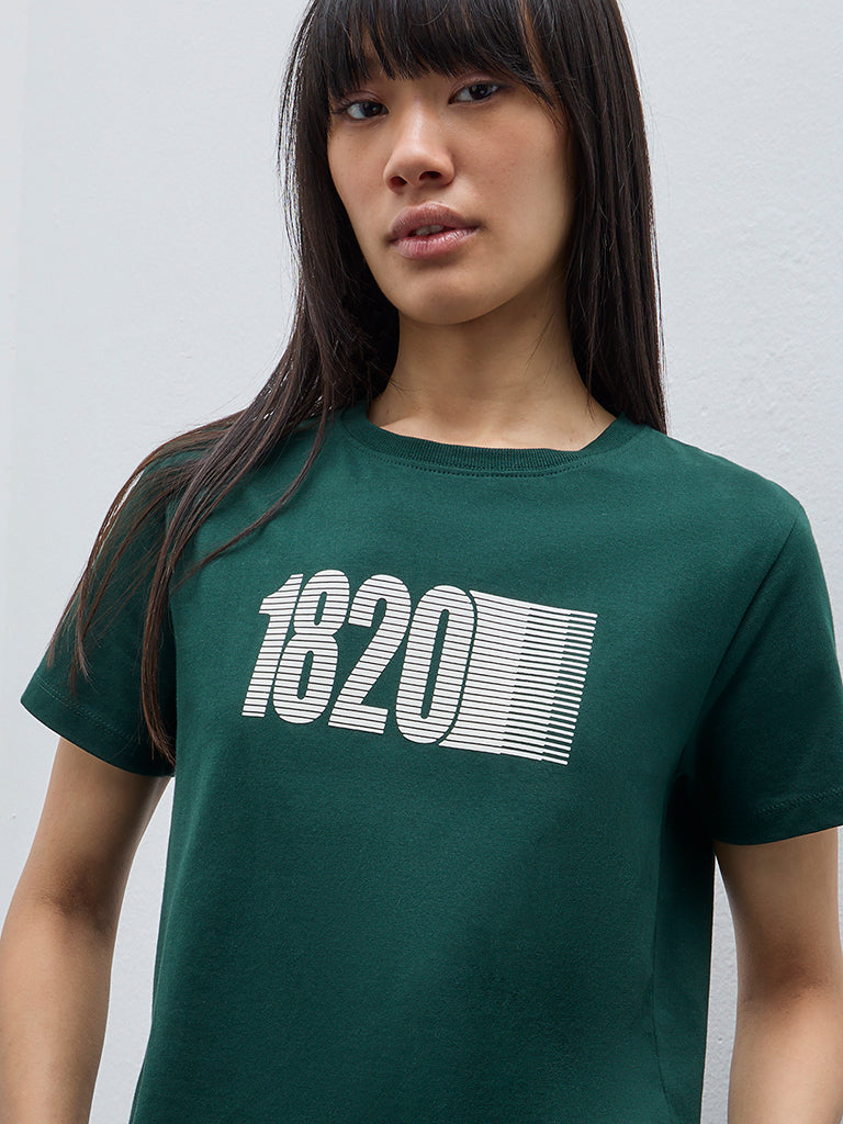 Studiofit Dark Green Printed Cotton T-Shirt