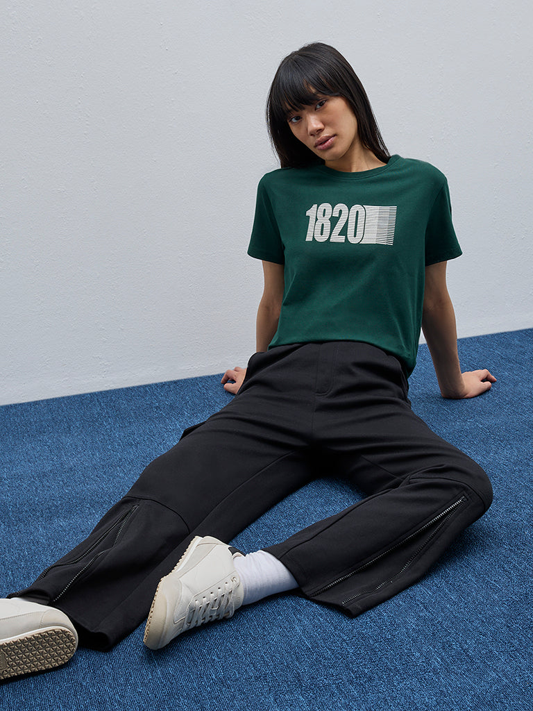 Studiofit Dark Green Printed Cotton T-Shirt