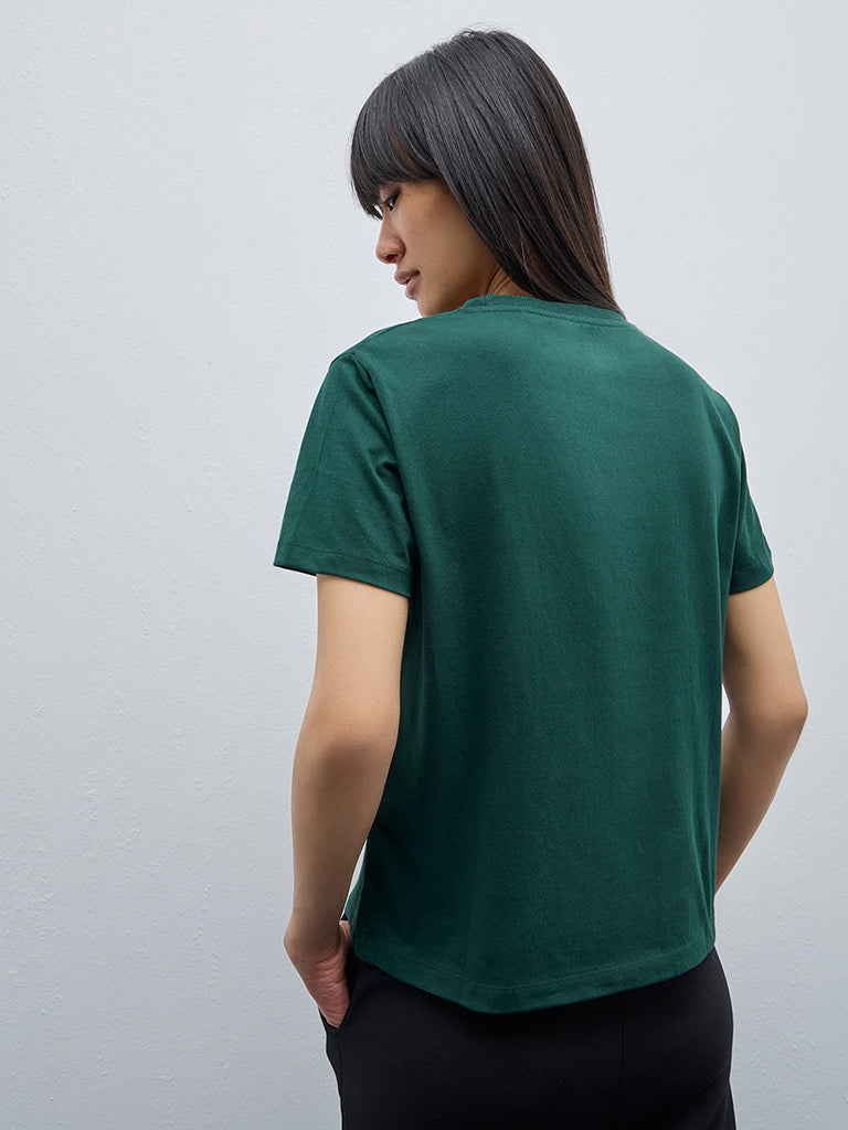 Studiofit Dark Green Printed Cotton T-Shirt