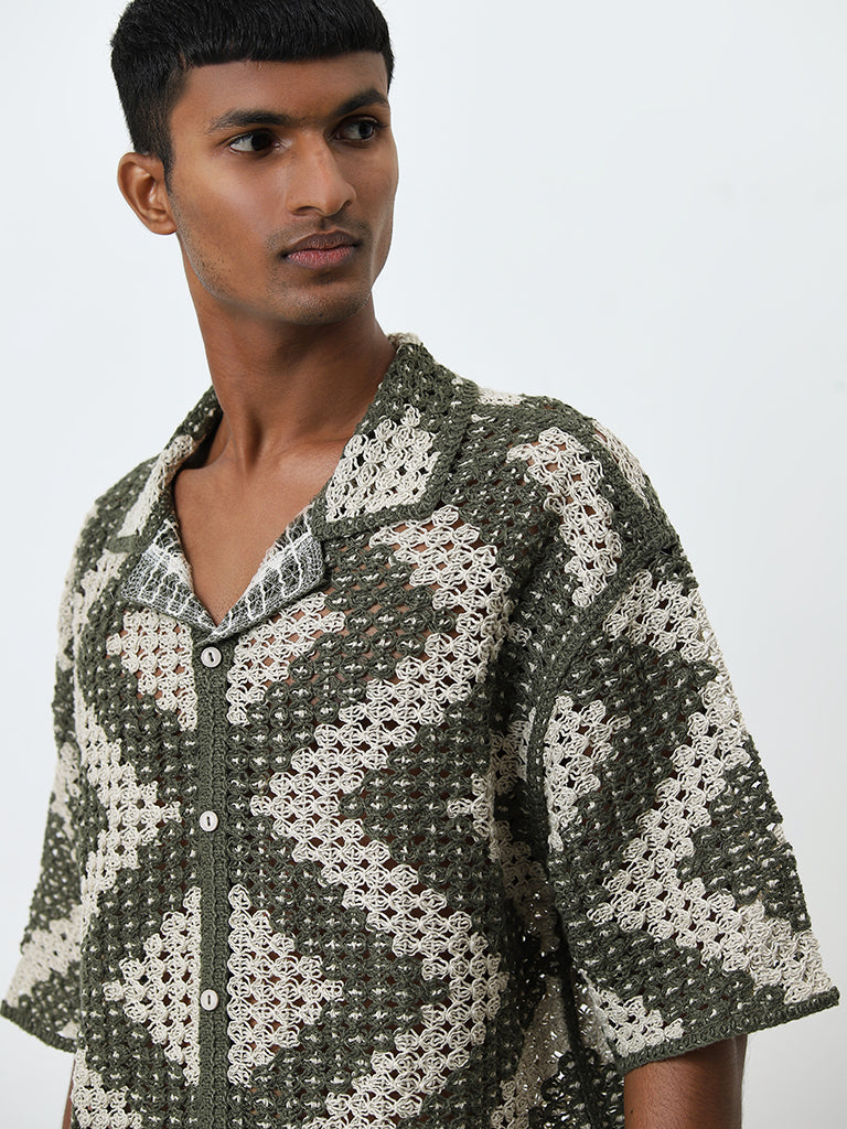 ETA Olive Crochet Relaxed-Fit Cotton Shirt