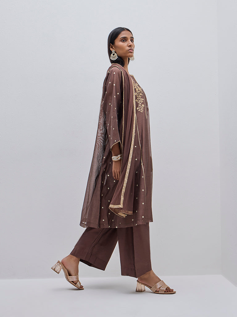 Vark Brown A-Line Kurta, Inner, Pants and Dupatta Set