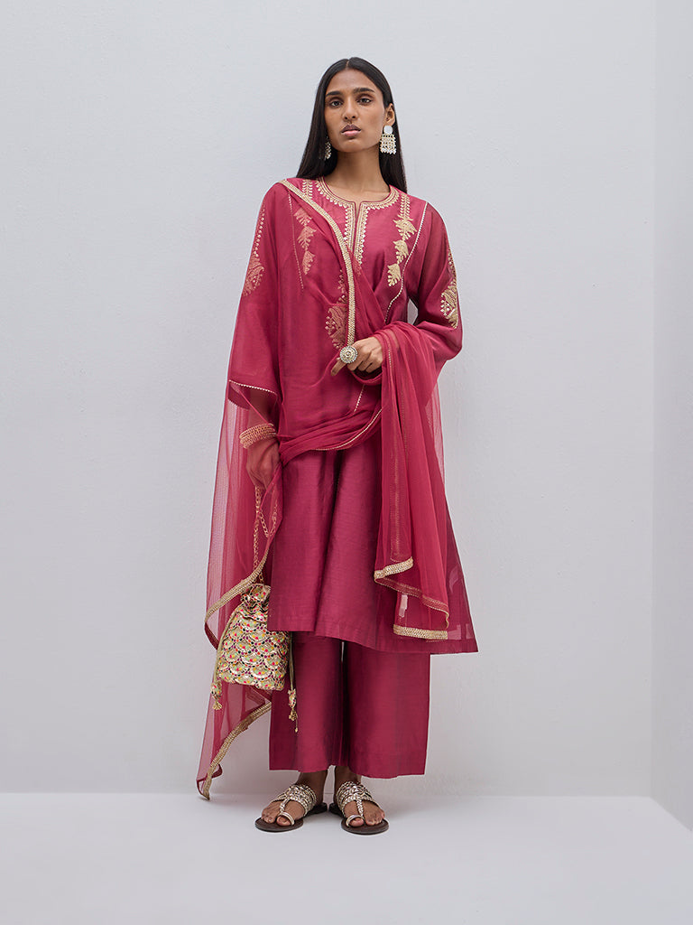 Vark Magenta A-Line Kurta, Inner, Pants and Dupatta Set