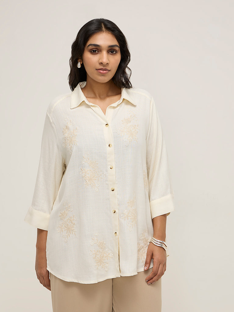 Gia Off-White Floral Embroidered Shirt