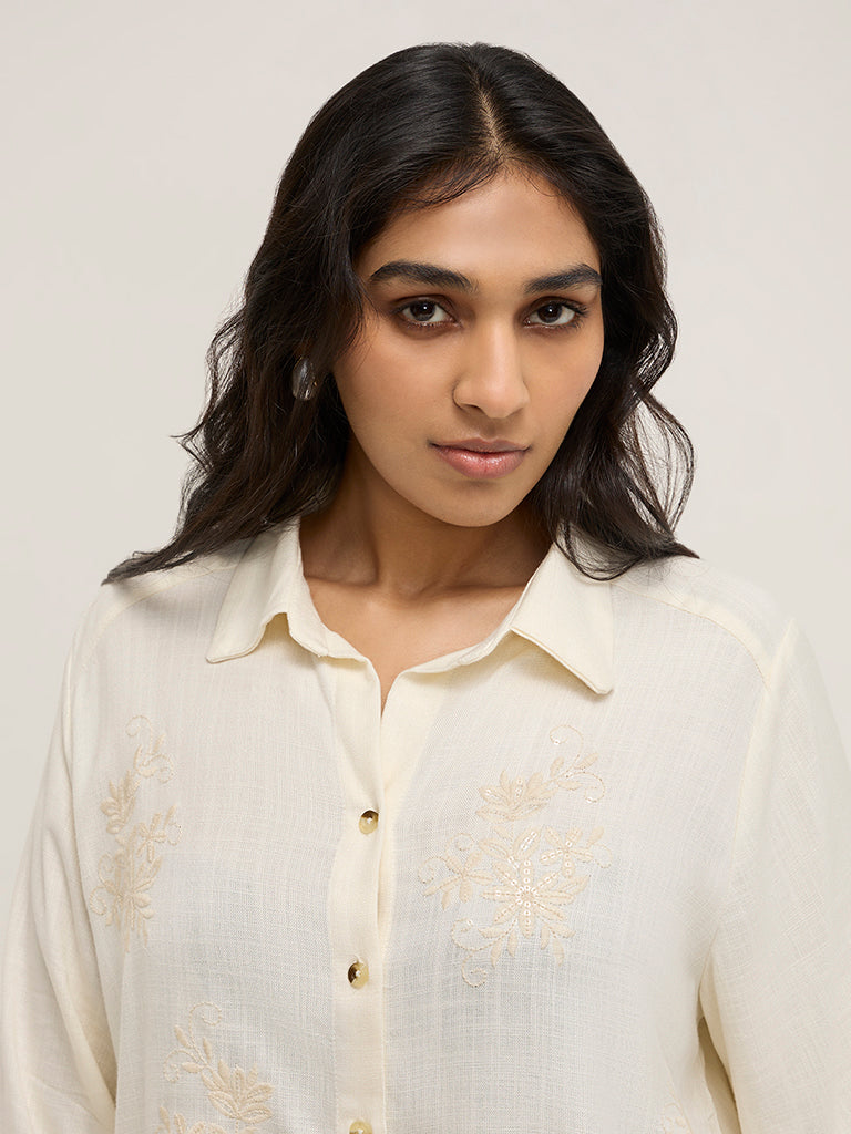 Gia Off-White Floral Embroidered Shirt