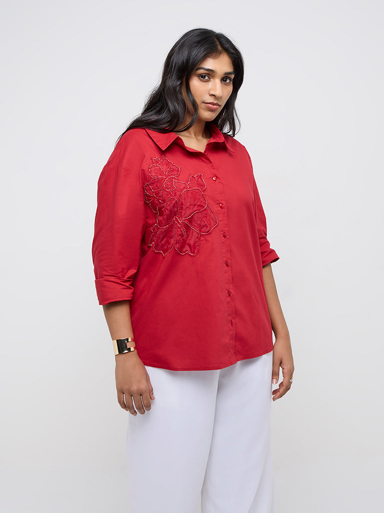 Gia Red Floral Embellished Cotton Blouse