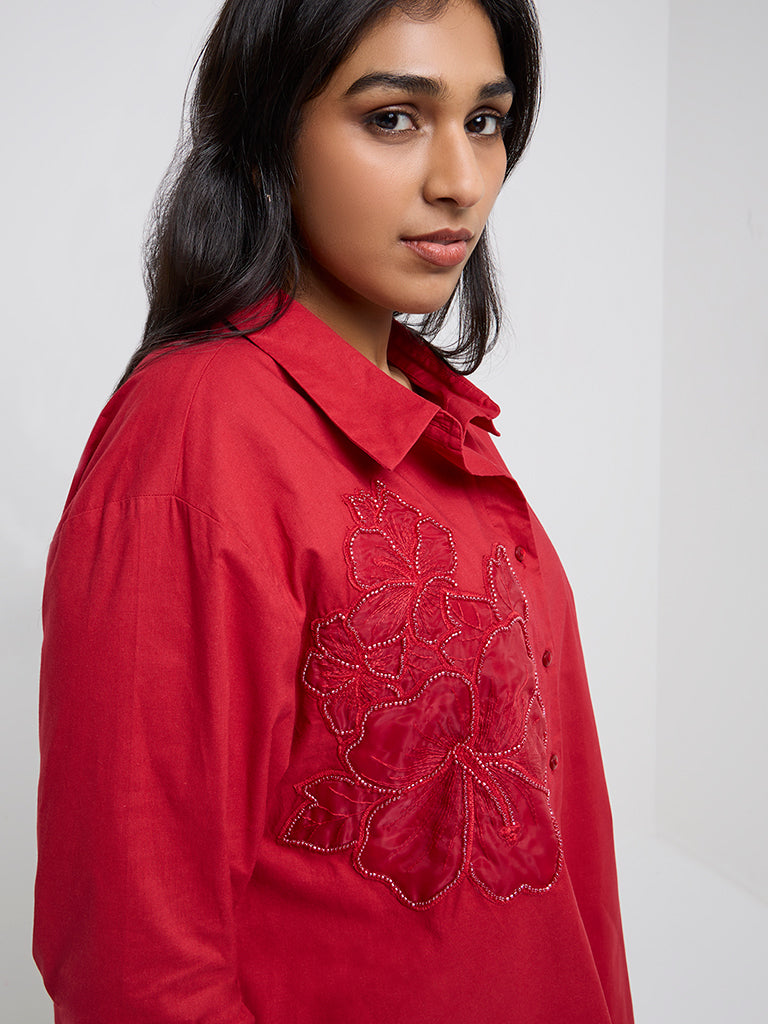 Gia Red Floral Embellished Cotton Blouse