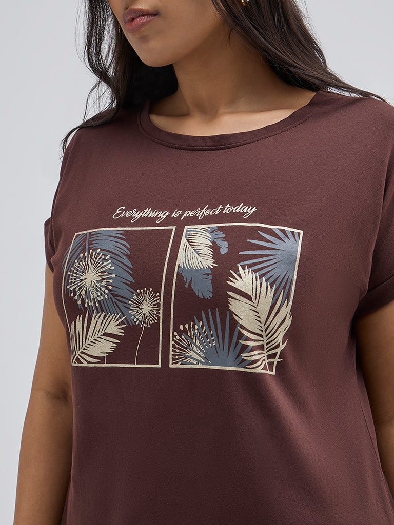 Gia Brown Leaf Printed Cotton T-Shirt