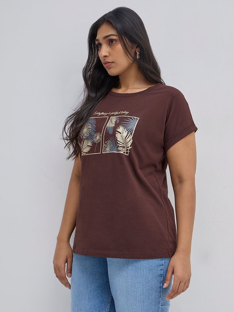 Gia Brown Leaf Printed Cotton T-Shirt