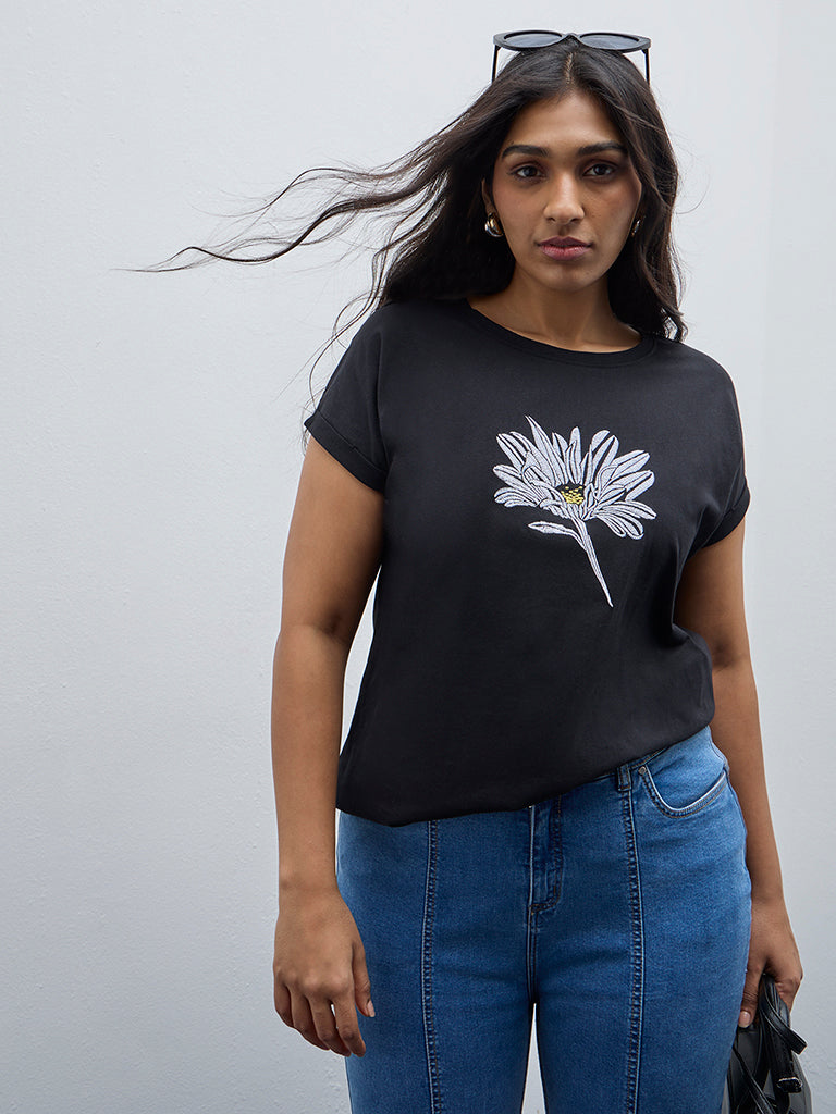 Gia Black Floral Embroidered Cotton T-Shirt