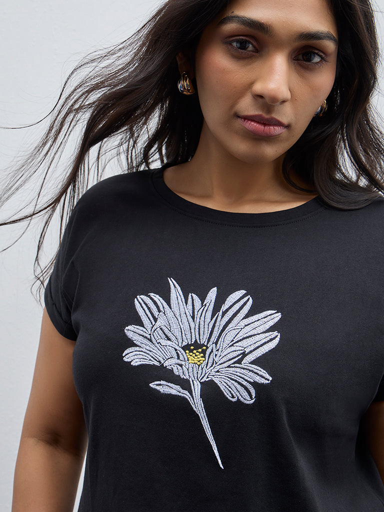 Gia Black Floral Embroidered Cotton T-Shirt