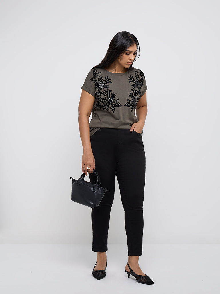 Gia Olive Floral Embellished Cotton T-Shirt